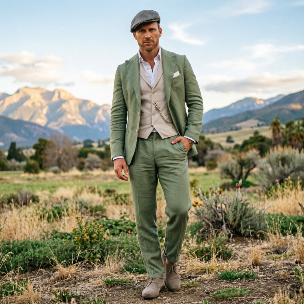 Мужской костюм из льняной ткан – обзор и цена Men Formal Wear Green